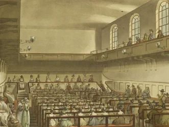 Quäkersitzung aus Ackermanns Repository of Arts, aquatintiert von Joseph Constantine Stadler, veröffentlicht 1809